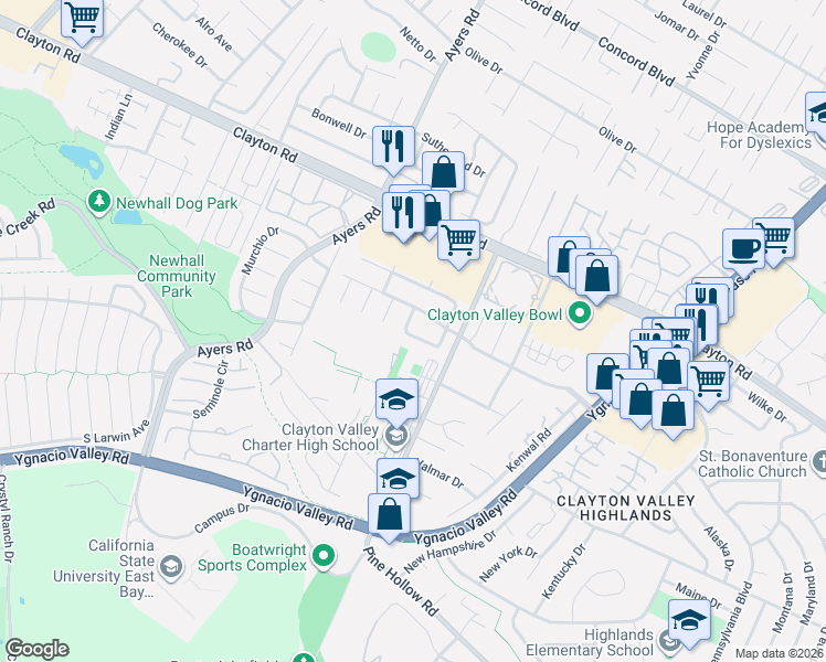 map of restaurants, bars, coffee shops, grocery stores, and more near 1356 Sumac Circle in Concord