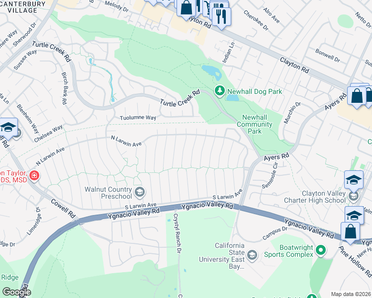 map of restaurants, bars, coffee shops, grocery stores, and more near 4419 Sugar Maple Court in Concord