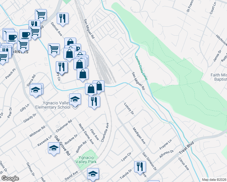 map of restaurants, bars, coffee shops, grocery stores, and more near 2848 Lane Drive in Concord