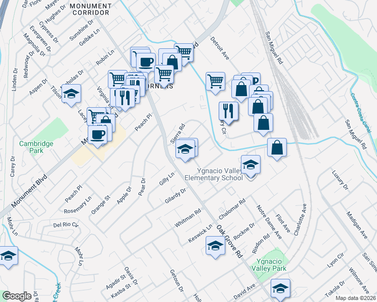 map of restaurants, bars, coffee shops, grocery stores, and more near 1031 Fox Meadow Way in Concord