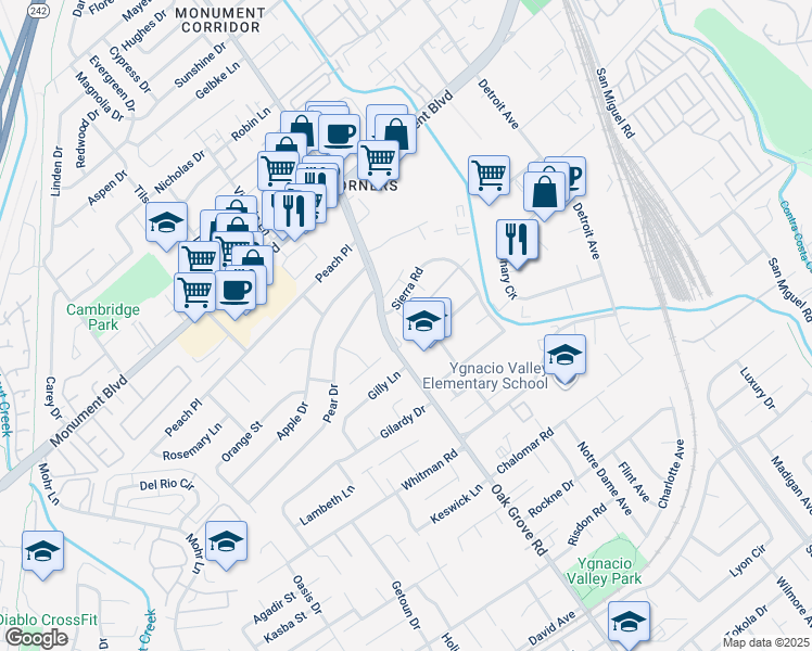map of restaurants, bars, coffee shops, grocery stores, and more near 1971 Cameron Court in Concord