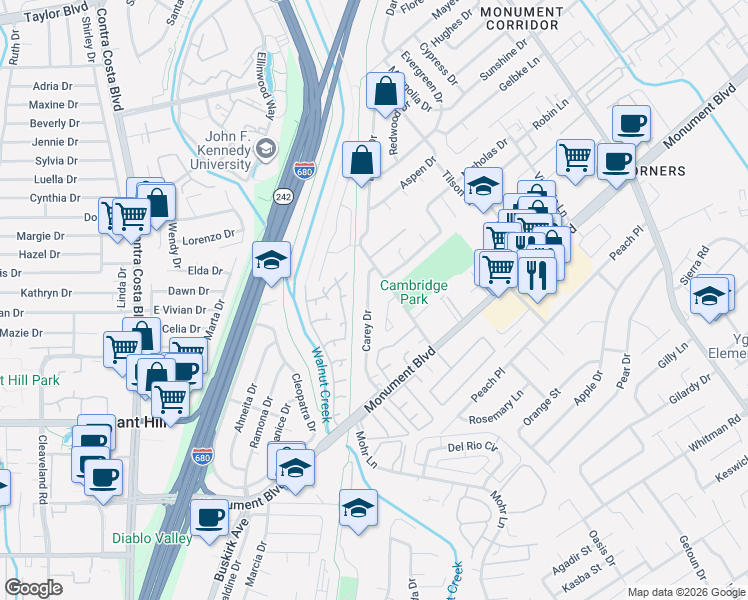 map of restaurants, bars, coffee shops, grocery stores, and more near 1135 Carey Drive in Concord