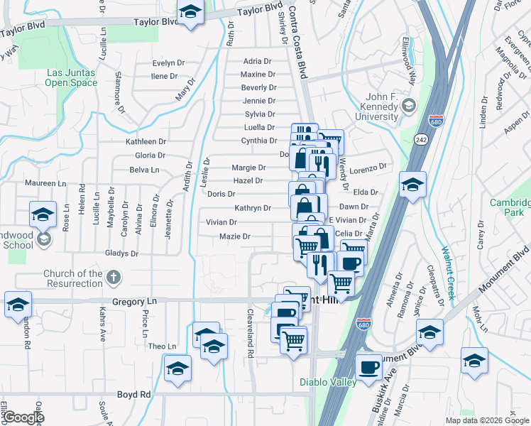 map of restaurants, bars, coffee shops, grocery stores, and more near 125 Vivian Drive in Pleasant Hill
