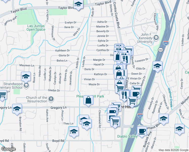 map of restaurants, bars, coffee shops, grocery stores, and more near 161 Vivian Drive in Pleasant Hill