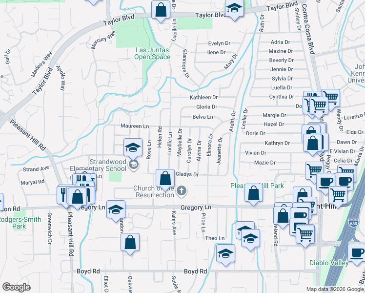 map of restaurants, bars, coffee shops, grocery stores, and more near 1960 Maybelle Drive in Pleasant Hill