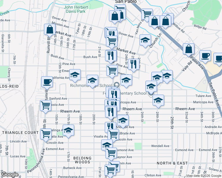 map of restaurants, bars, coffee shops, grocery stores, and more near 1229-1231 23rd Street in Richmond