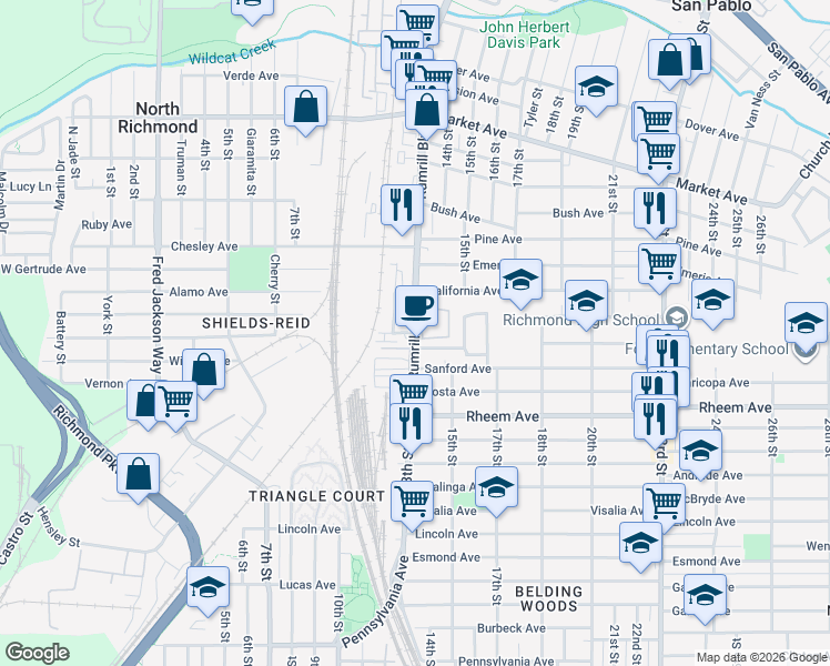 map of restaurants, bars, coffee shops, grocery stores, and more near 1312 Regina Avenue in San Pablo