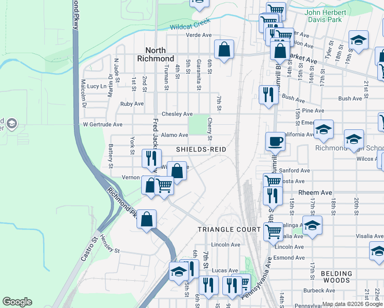 map of restaurants, bars, coffee shops, grocery stores, and more near 533 Willard Avenue in Richmond