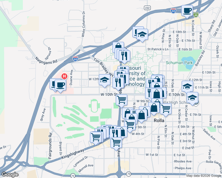 map of restaurants, bars, coffee shops, grocery stores, and more near 804 West 10th Street in Rolla
