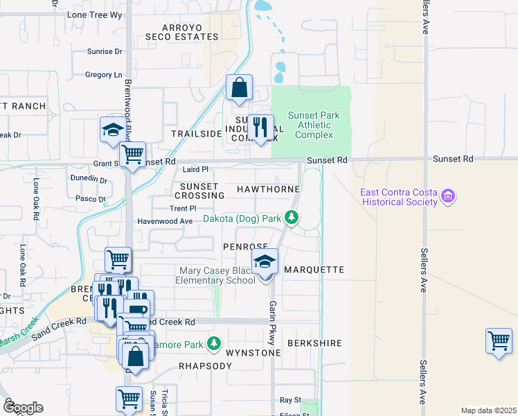 map of restaurants, bars, coffee shops, grocery stores, and more near 543 Belmont Court in Brentwood