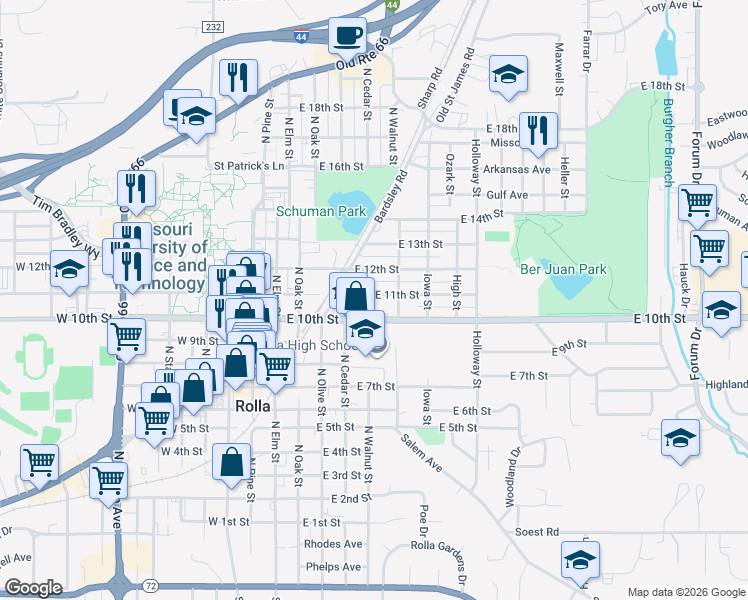 map of restaurants, bars, coffee shops, grocery stores, and more near 412 East 11th Street in Rolla