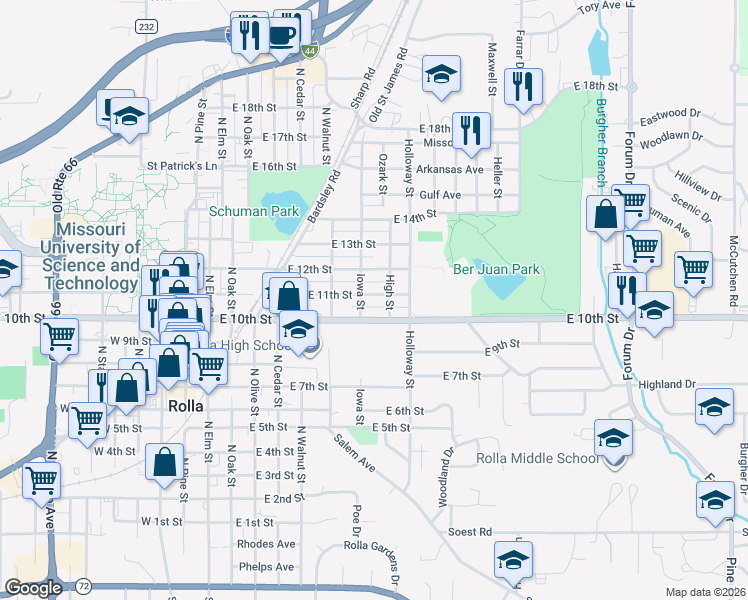 map of restaurants, bars, coffee shops, grocery stores, and more near 607 State Highway BB in Rolla