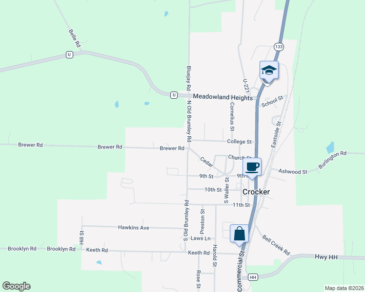 map of restaurants, bars, coffee shops, grocery stores, and more near 305 North Old Brumley Road in Crocker