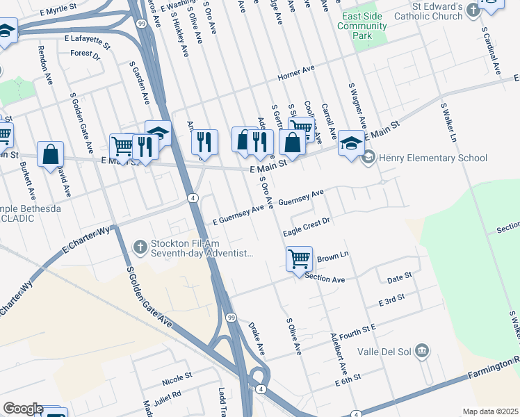 map of restaurants, bars, coffee shops, grocery stores, and more near 4020 East Guernsey Avenue in Stockton