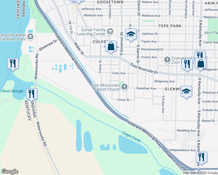 map of restaurants, bars, coffee shops, grocery stores, and more near 1813 Judson Street in Evansville