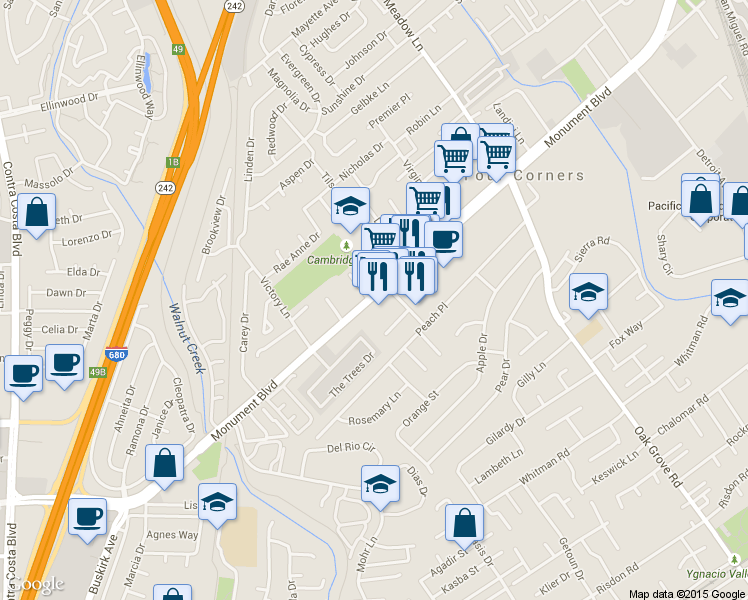 map of restaurants, bars, coffee shops, grocery stores, and more near 1450 Monument Blvd in Concord