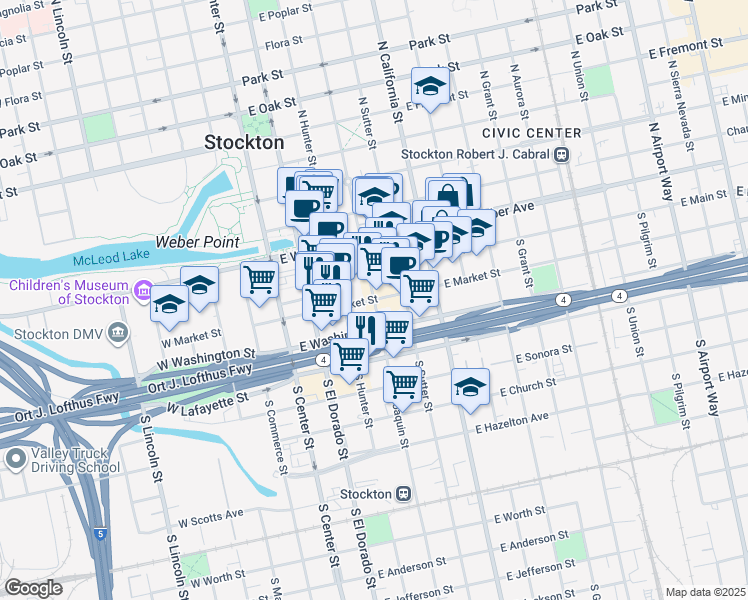 map of restaurants, bars, coffee shops, grocery stores, and more near 101 South San Joaquin Street in Stockton