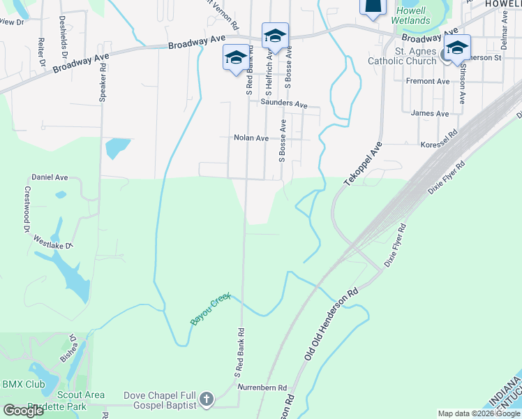 map of restaurants, bars, coffee shops, grocery stores, and more near 2320 South Red Bank Road in Evansville