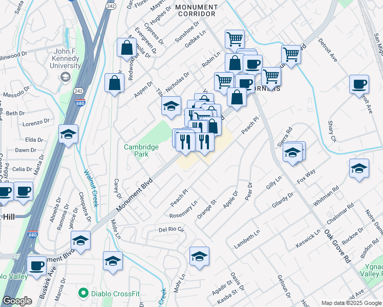 map of restaurants, bars, coffee shops, grocery stores, and more near 1451 Reganti Place in Concord