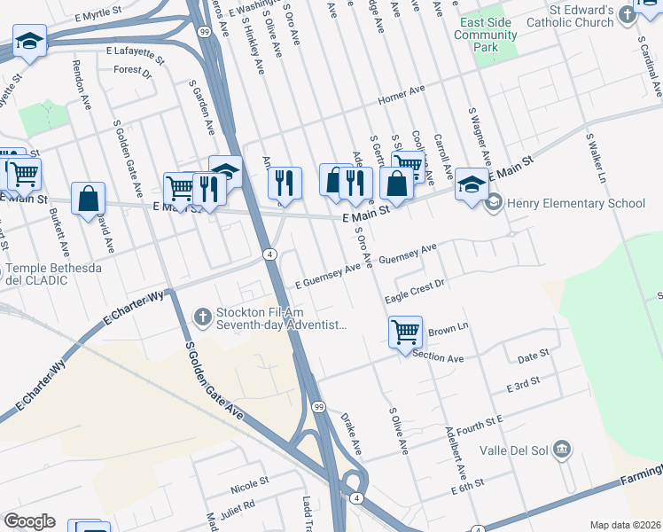 map of restaurants, bars, coffee shops, grocery stores, and more near 3820 Guernsey Avenue in Stockton