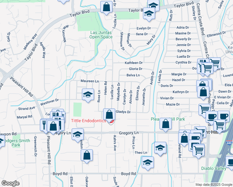 map of restaurants, bars, coffee shops, grocery stores, and more near 1960 Maybelle Drive in Pleasant Hill