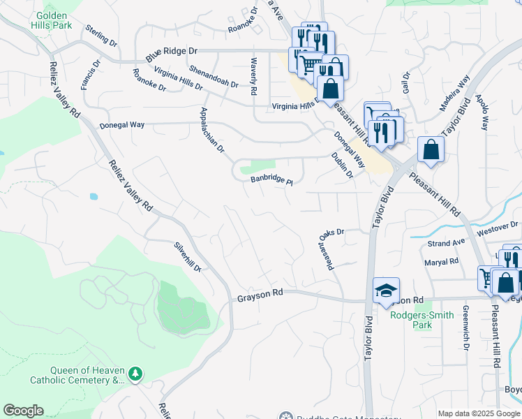 map of restaurants, bars, coffee shops, grocery stores, and more near 1868 Buttner Road in Pleasant Hill