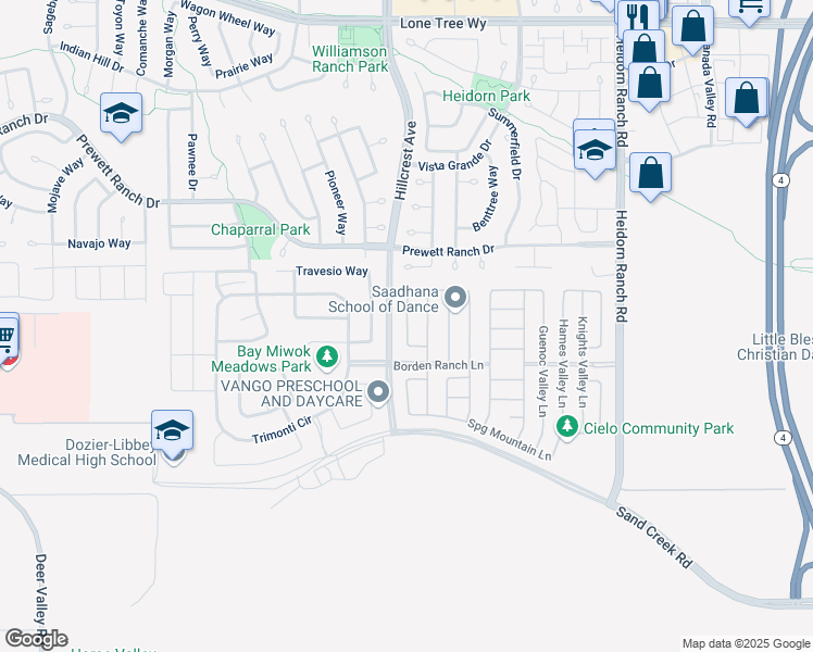 map of restaurants, bars, coffee shops, grocery stores, and more near 5358 Potter Valley Lane in Antioch