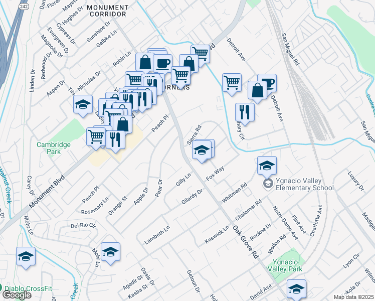 map of restaurants, bars, coffee shops, grocery stores, and more near 2000 Sierra Road in Concord