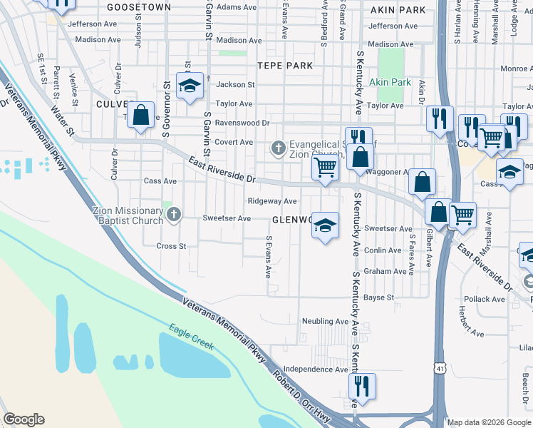 map of restaurants, bars, coffee shops, grocery stores, and more near 730 Sweetser Avenue in Evansville