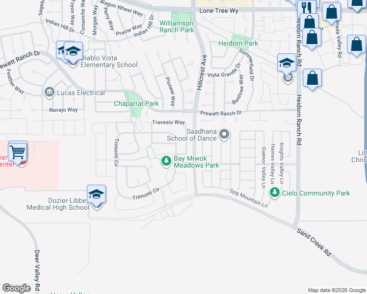 map of restaurants, bars, coffee shops, grocery stores, and more near Trimonti Circle in Antioch
