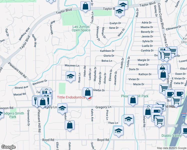 map of restaurants, bars, coffee shops, grocery stores, and more near 1960 Maybelle Drive in Pleasant Hill