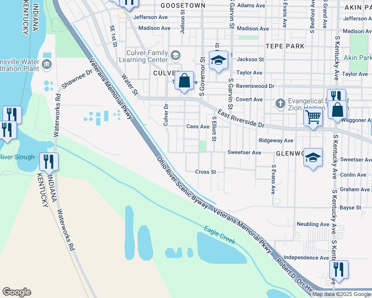 map of restaurants, bars, coffee shops, grocery stores, and more near 300 Ridgeway Avenue in Evansville