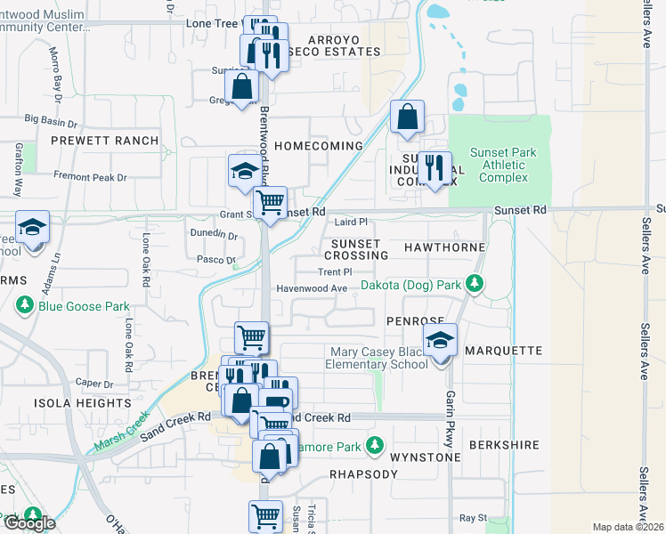 map of restaurants, bars, coffee shops, grocery stores, and more near 1905 Jane Way in Brentwood