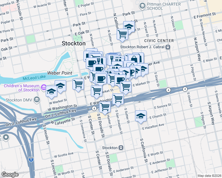 map of restaurants, bars, coffee shops, grocery stores, and more near 306 East Main Street in Stockton
