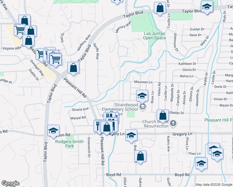 map of restaurants, bars, coffee shops, grocery stores, and more near 817 Vineyard Court in Pleasant Hill