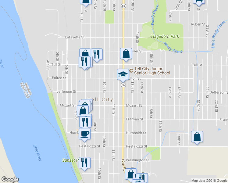 map of restaurants, bars, coffee shops, grocery stores, and more near 800 11th Street in Tell City