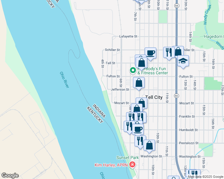 map of restaurants, bars, coffee shops, grocery stores, and more near 800 5th Street in Tell City