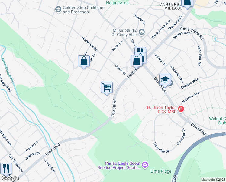 map of restaurants, bars, coffee shops, grocery stores, and more near 4282 Thompson Drive in Concord