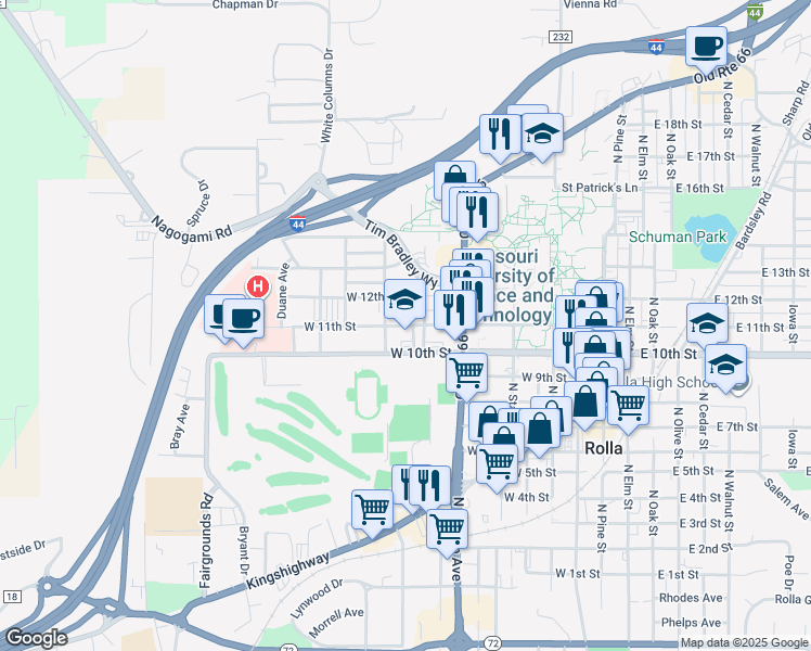 map of restaurants, bars, coffee shops, grocery stores, and more near 808 West 11th Street in Rolla