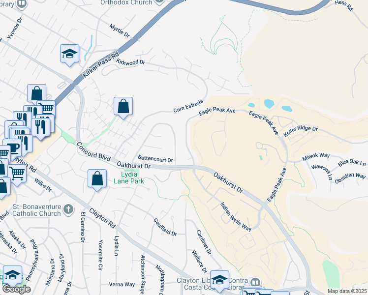 map of restaurants, bars, coffee shops, grocery stores, and more near 1829 Eagle Peak Avenue in Clayton
