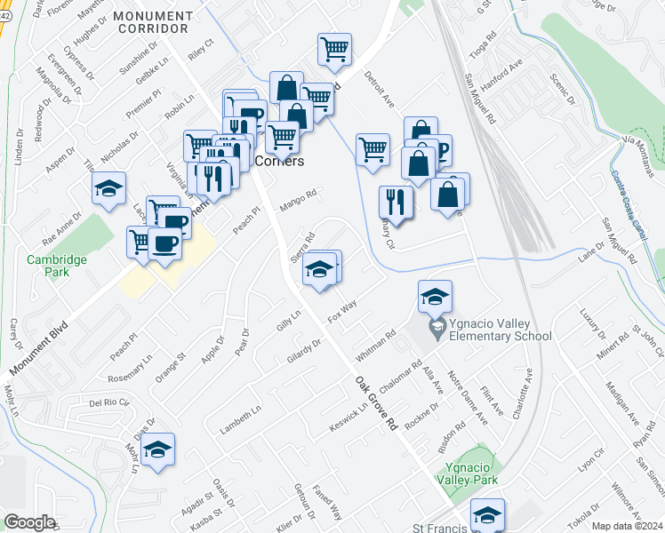 map of restaurants, bars, coffee shops, grocery stores, and more near 1059 Fox Meadow Way in Concord