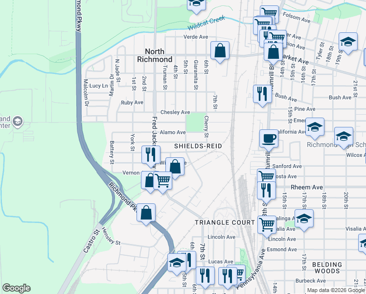 map of restaurants, bars, coffee shops, grocery stores, and more near 1319 Kelsey Street in Richmond