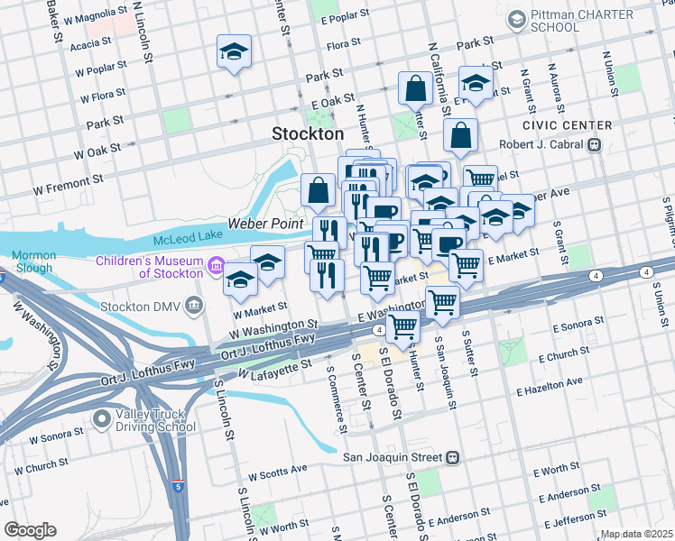 map of restaurants, bars, coffee shops, grocery stores, and more near 2 South Center Street in Stockton