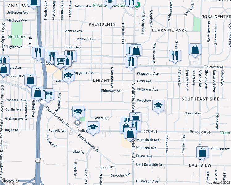 map of restaurants, bars, coffee shops, grocery stores, and more near 1718 South Norman Avenue in Evansville