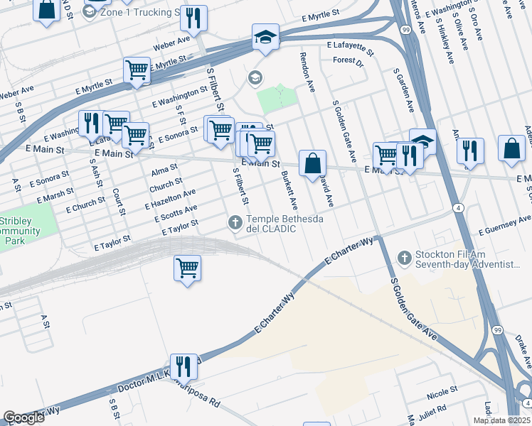 map of restaurants, bars, coffee shops, grocery stores, and more near 744 Sullivan Avenue in Stockton