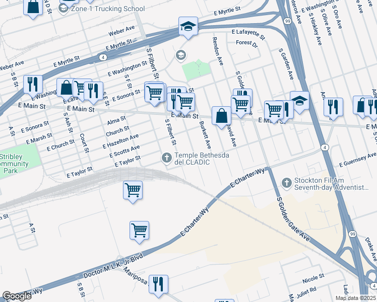 map of restaurants, bars, coffee shops, grocery stores, and more near 744 Sullivan Avenue in Stockton