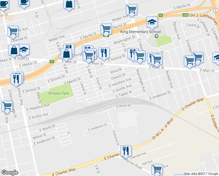 map of restaurants, bars, coffee shops, grocery stores, and more near 519 South Mc Donell Avenue in Stockton