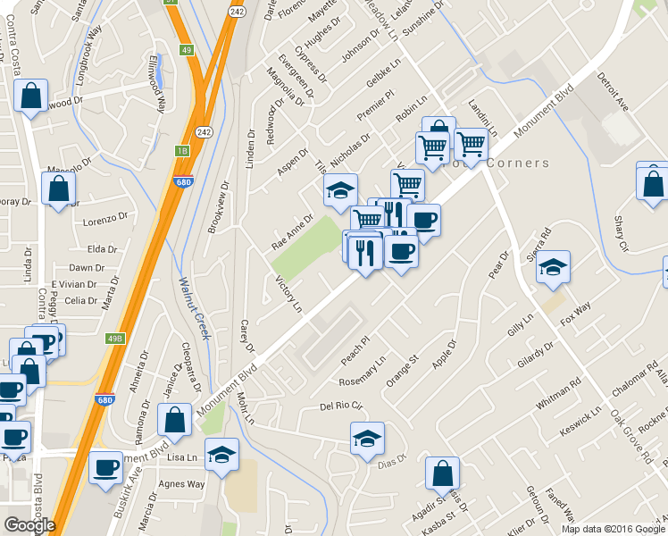 map of restaurants, bars, coffee shops, grocery stores, and more near 1121 Eureka Lane in Concord