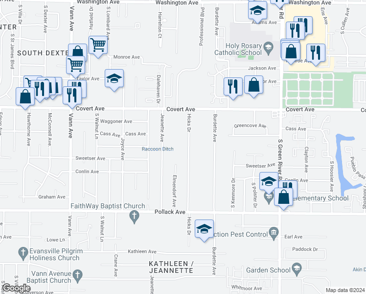 map of restaurants, bars, coffee shops, grocery stores, and more near 1751 Hicks Drive in Evansville