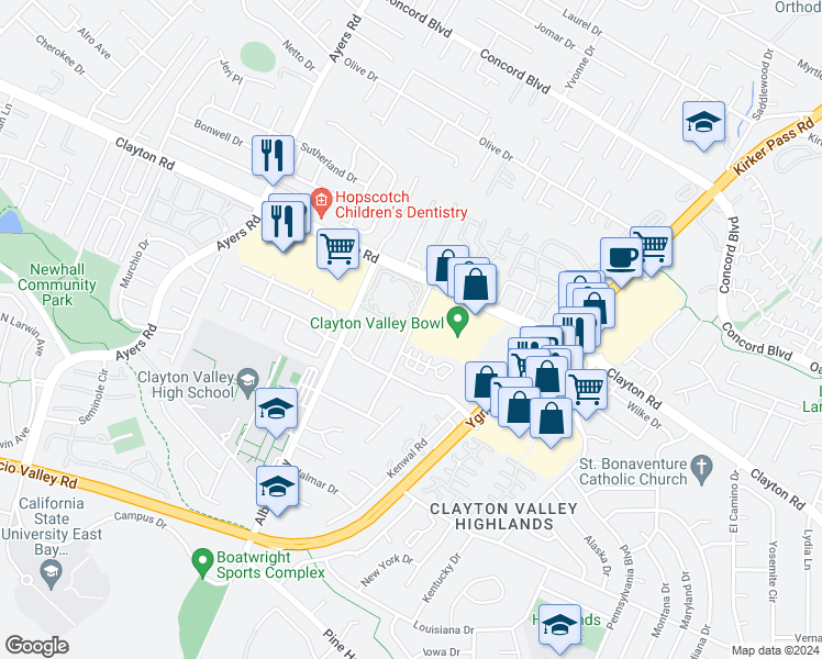 map of restaurants, bars, coffee shops, grocery stores, and more near 1459 Balhan Drive in Concord